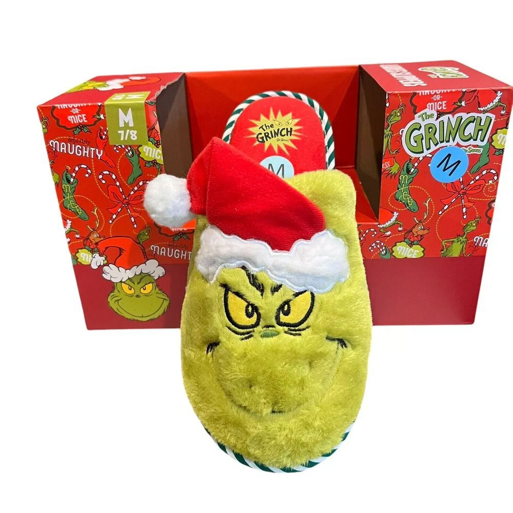 Dr Seuss the Grinch Santa Hat Christmas Ladies Slippers Women's M 7/8 NEW